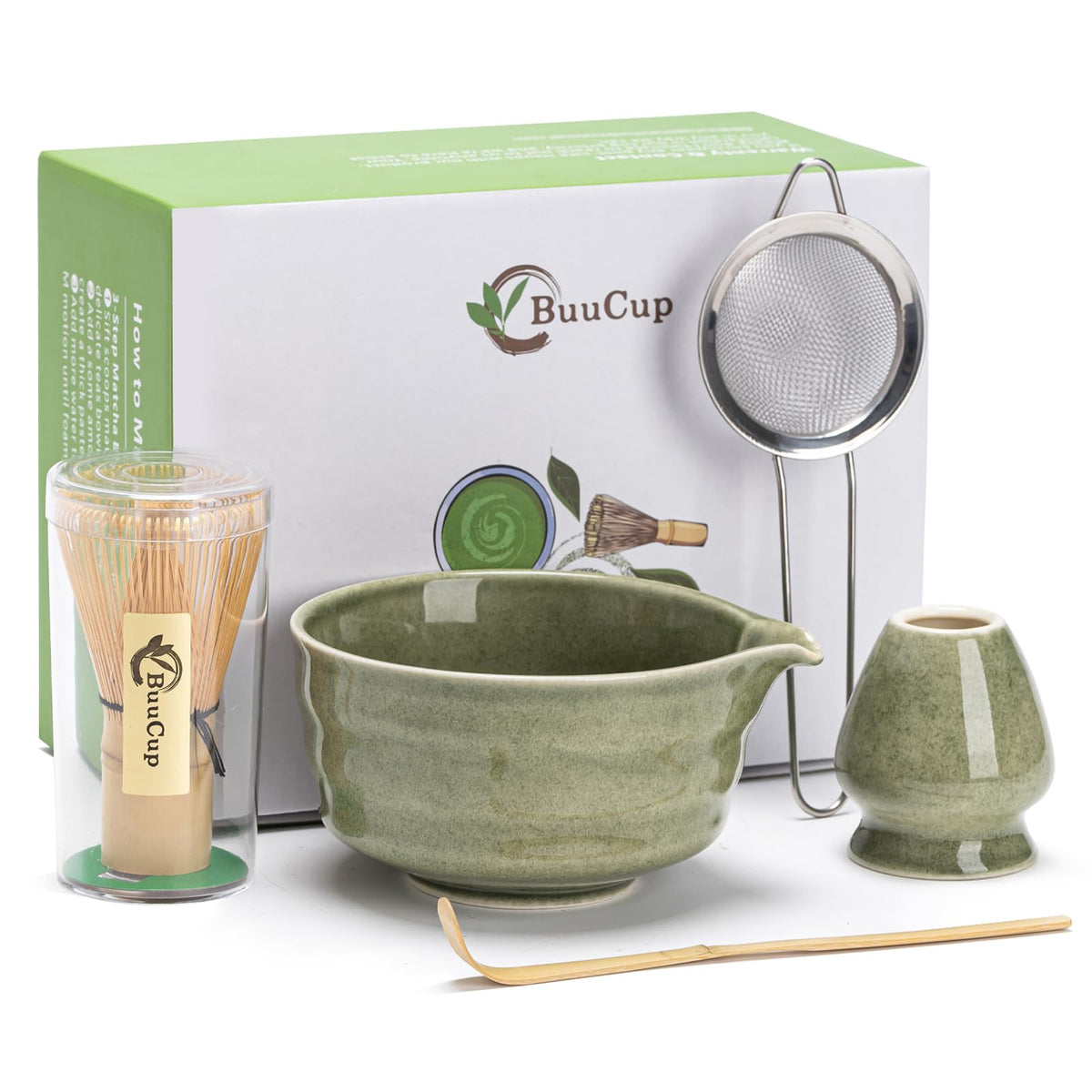 Buucup Matcha Set, Matcha Bowl with Spout, Matcha Whisk and Holder, Bamboo matcha Scoop and Stainless Sifter - 5 Pcs Jade