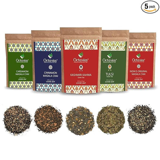 Octavius Assorted 5 Loose Leaf Tea Samplers | Indian Masala, Cardamom, Cinnamon, Kashmiri Kahwa, Tulsi Green Tea | Perfect For tea & Green Lovers | 25 cups (5 packs of 10gm each) | Mothers Day Gift