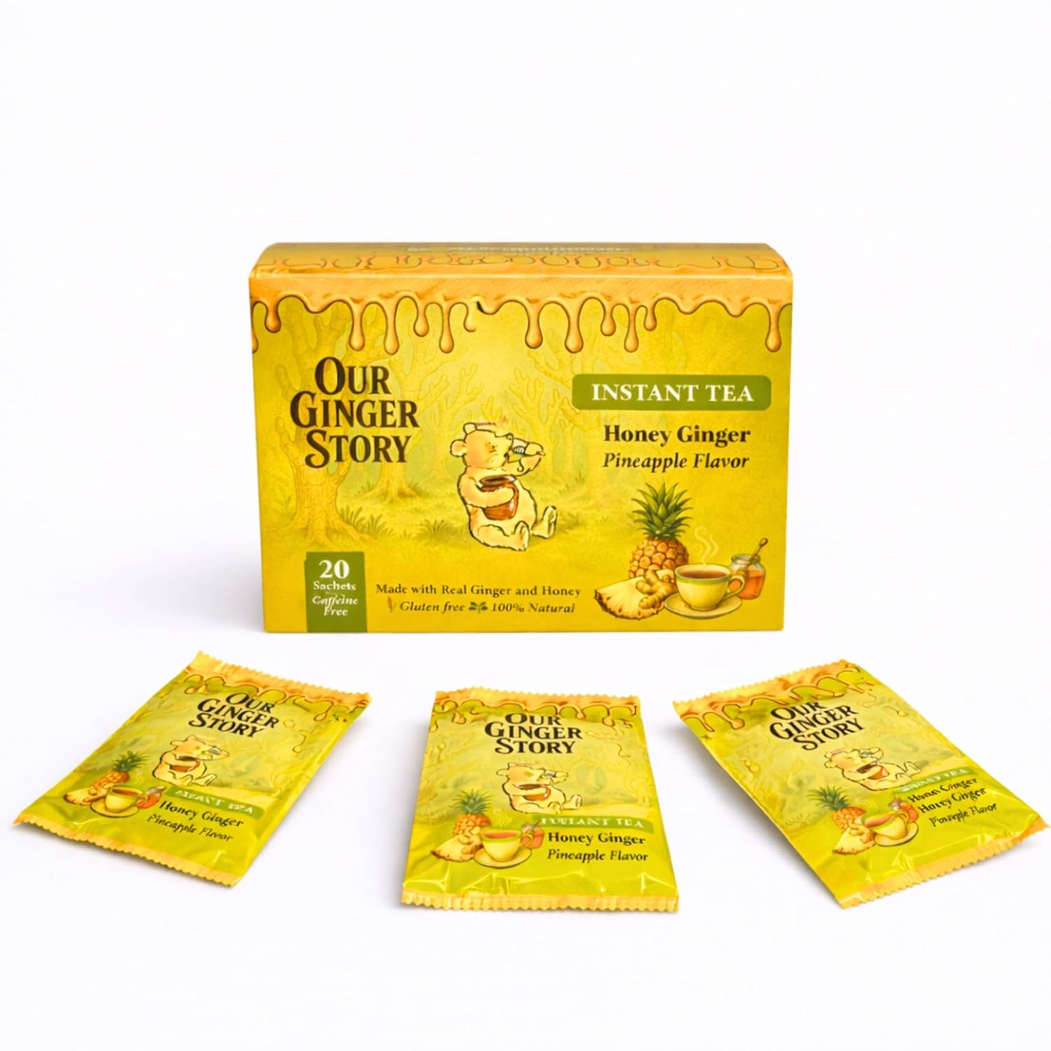 Premium Honey Ginger Instant Tea Crystals, Pineapple Flavor, 20 Sachets, Real Ginger, Real Honey, Pure Cane Sugar, Caffeine Free, Hot Or Cold Single Serve Drink Mix