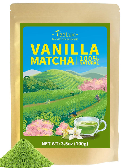 TeeLux Vanilla Matcha Green Tea Powder, First Harvest Premium Matcha + Delicate Vanilla Powder, Flavorful & Aromatic, Hot or Iced Tea, 3.5oz