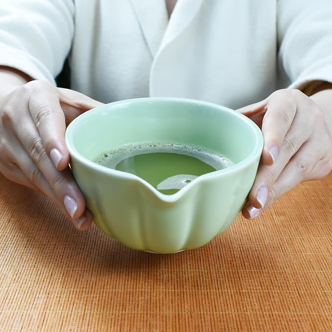 Artcome 4 Pcs Japanese Matcha Tea Set - Matcha Bowl with Pouring Spout, Matcha Whisk, Tea Scoop, Whisk Holder, Handmade Matcha Ceremony Kit For Japanese Tea Ceremony, Green