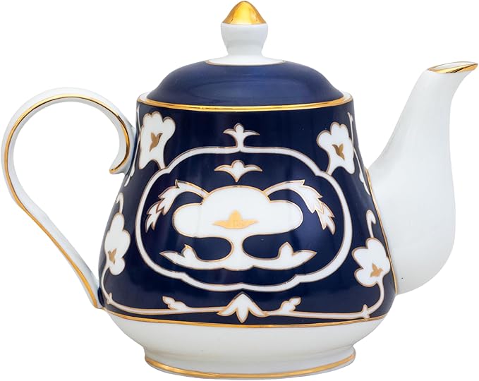 Blue and White Tea Pot - 28 oz. Bone China Teapot with White Vintage Design - Elegant Tea Serving Pot for Kitchen and Gift for Women, Men