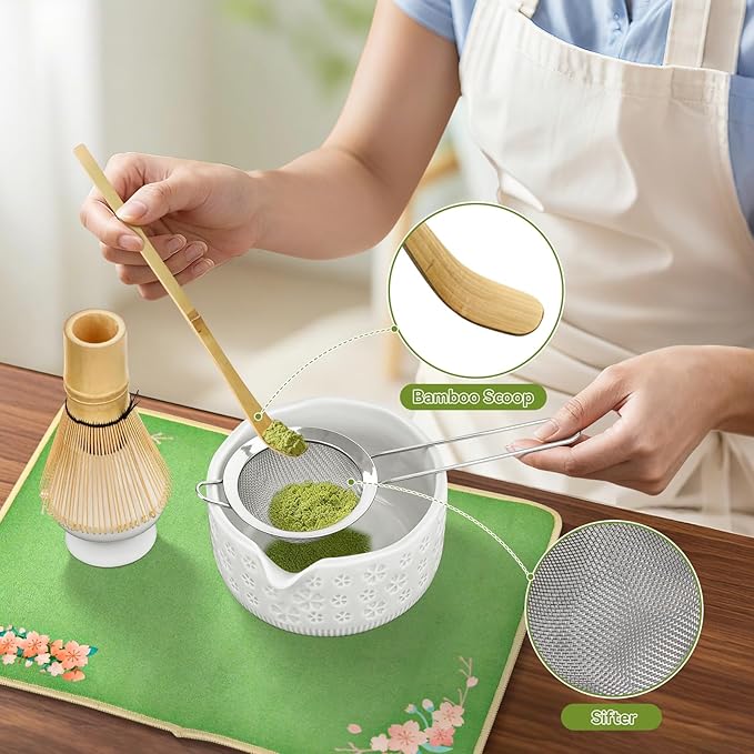 Matcha Whisk Set, 7 Pcs Matcha Making Kit with Matcha Bowl, Matcha Whisk and Holder, Bamboo Scoop, Scoop Rest, Sifter and Tea Towel，Gifts for Christmas Birthday