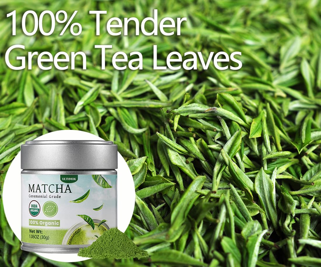 Ceremonial Grade Matcha Green Tea Powder, 1.06 Oz/30g, 100% Organic & No Additives & Gluten-Free Vegan.