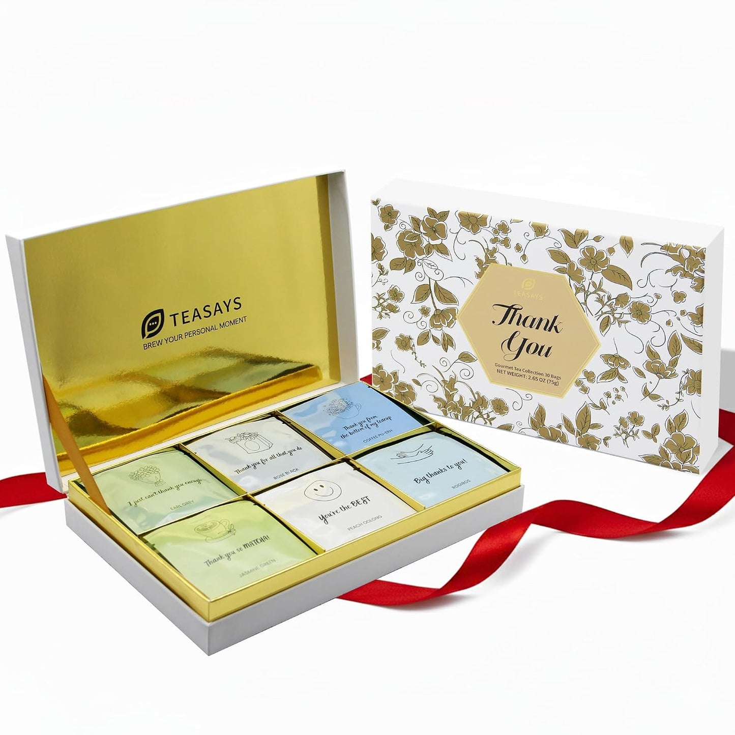 Thank You Gift Tea Set by Teasays, 30 Premium Whole Leaf Tea Bags with Appreciation Messages, Holiday Gift for Friends, Supervisors, Mentors