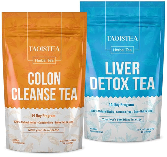 TAOISTEA Colon & Liver Detox Tea Set - 2 Herbal Blends, 14 Day Supply Each | Dual-Action Cleanse for Gut Health, Liver Detox & Daily Wellness