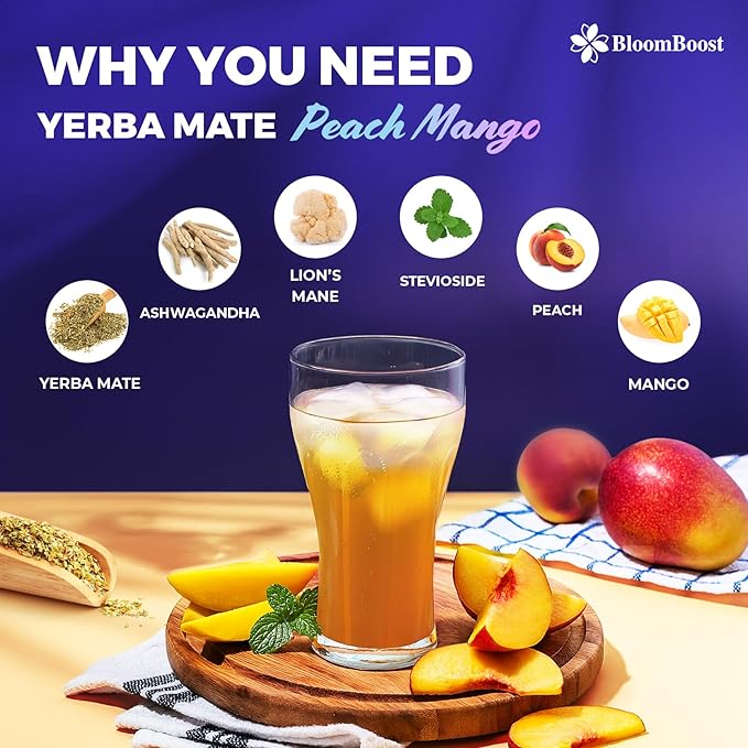 Yerba Mate Instant Tea Powder – Yerba Mate, Ashwagandha, Lion’s Mane, Chlorophyll, Peach Mango Flavor – 6.34 oz (18 Servings) – Sugar-Free, Gluten-Free, Superfood Energy & Focus Blend