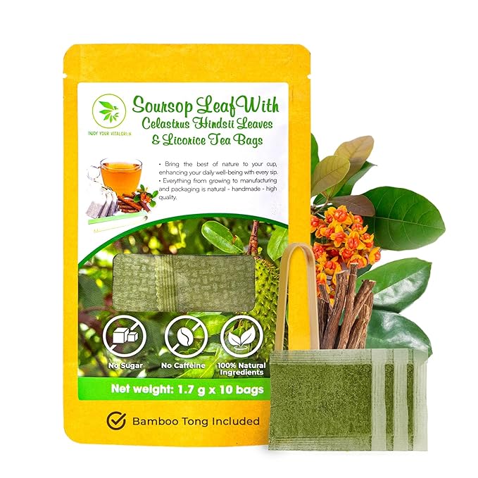 Graviola Soursop Leaf Tea Samplers with Celastrus Hindsii & Licorice - 10 Count + Bamboo Tong, Corn Based Tea Bags
