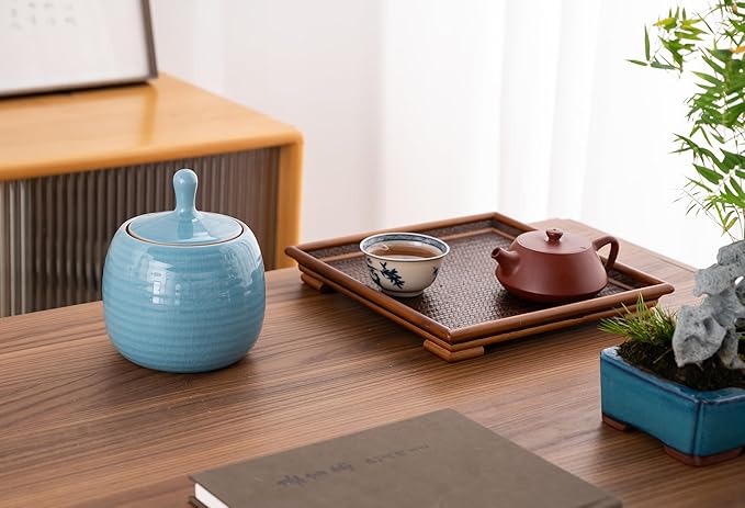 Kitchen Canisters Vintage Ceramic Food Storage Jar with Airtight Lid for Tea, Coffee, Herb, Sugar, Spice, Nuts (Blue(ICE))