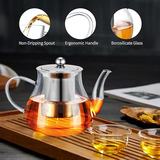 Glass Teapot 28oz/800ml with Removable Infuser, Borosilicate Clear Tea Kettle, Stovetop Safe Tea Kettle Blooming Loose Leaf Teapots, for Camping