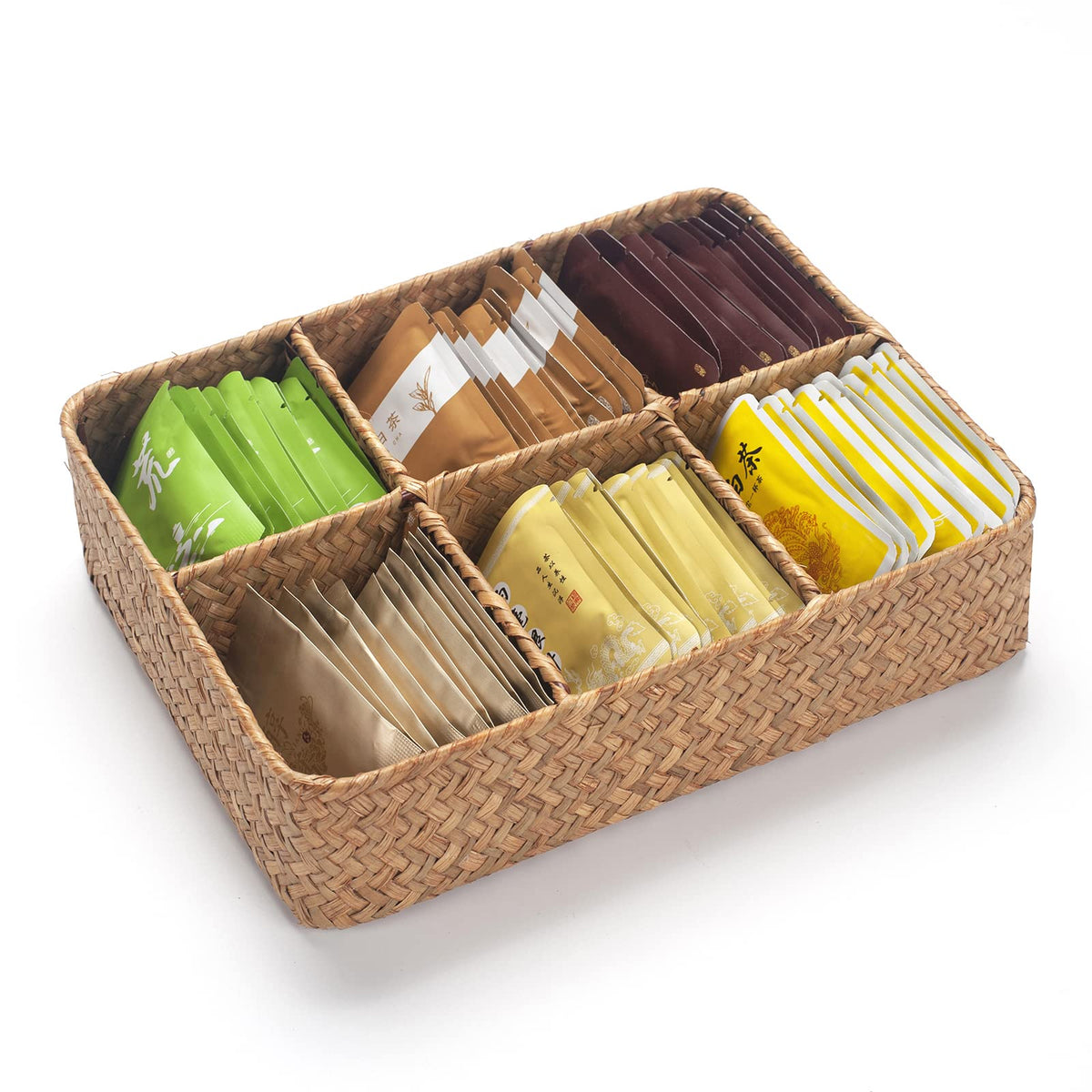 YANGQIHOME Tea Bag/Sugar Packet Holder, Coffee Station Condiment Organizer, Seagrass Storage Basket, Wicker Rattan Divided
