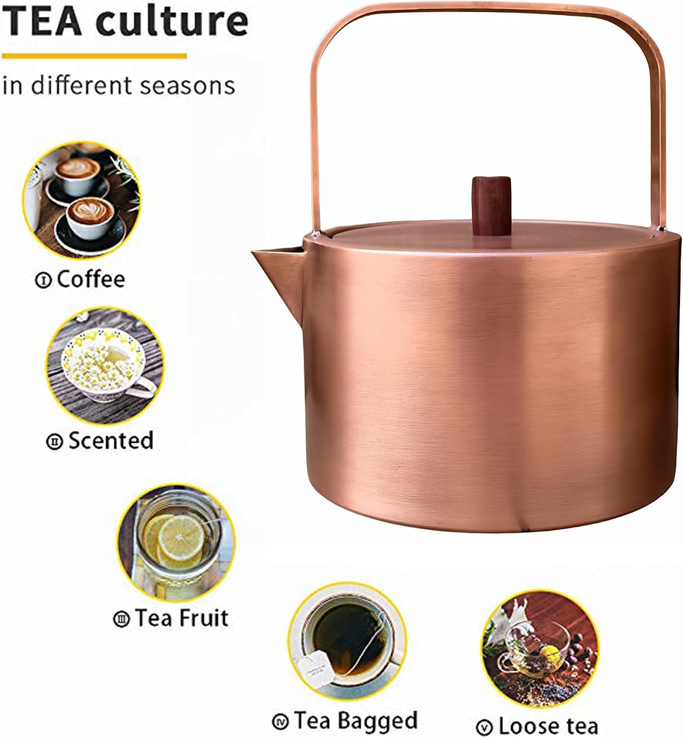 YJX Pure Copper Tea Kettle For Stovetop Safe, Chinese Style Non-Coating Teapot with Stainless Steel Tea Ball For Loose Tea, Durable Tea Pot, 1500ml Kettle