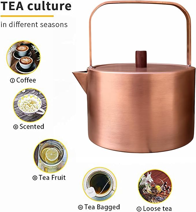 YJX Pure Copper Tea Kettle For Stovetop Safe, Chinese Style Non-Coating Teapot with Stainless Steel Tea Ball For Loose Tea, Durable Tea Pot, 1500ml Kettle