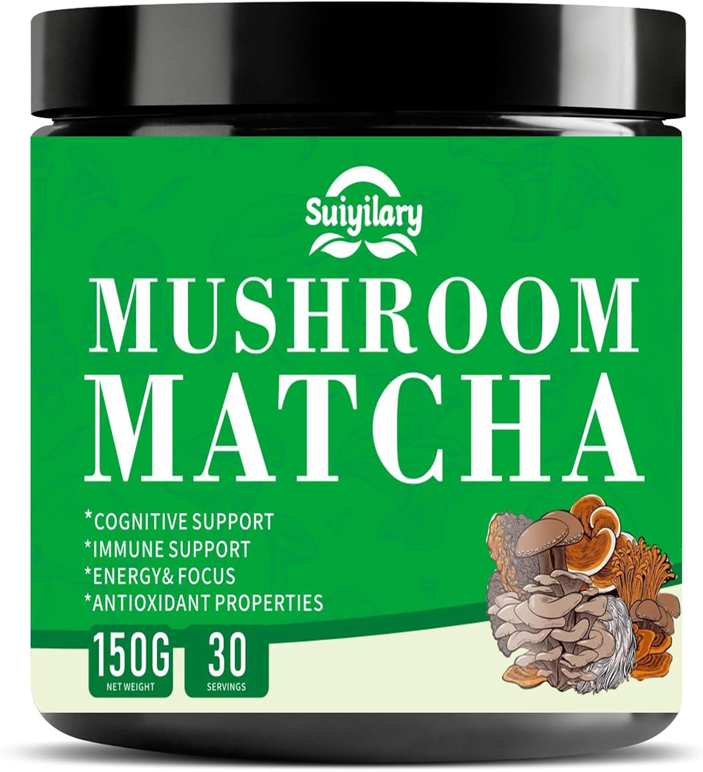 Suiyilary Mushroom Matcha, Ceremonial Matcha Tea Powder with 7 Superfood Mushrooms, Gluten Free, Taste Great Hot or Cold Matcha Latter - 150g 30 Serving