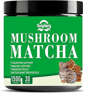 Suiyilary Mushroom Matcha, Ceremonial Matcha Tea Powder with 7 Superfood Mushrooms, Gluten Free, Taste Great Hot or Cold Matcha Latter - 150g 30 Serving