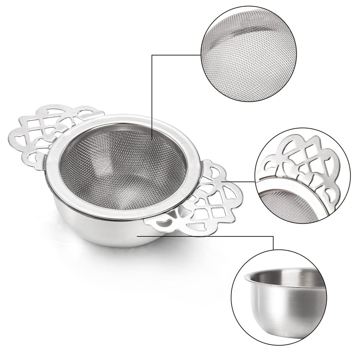 Mezchi 6 Pack Mesh Tea Filter Strainers, 304 Stainless Metal Tea Infuser, Tea Steeper with Handle and Drip Bowl for Loose