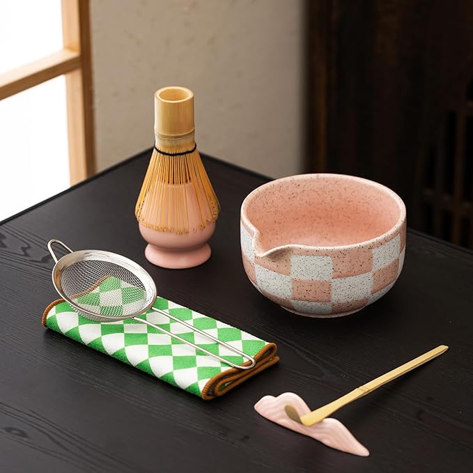 Premium 7-Piece Matcha Tea Set – Traditional Japanese Style with Elegant Grid Pattern, Includes Bamboo Whisk, Ceramic Bowl, Scoop & More