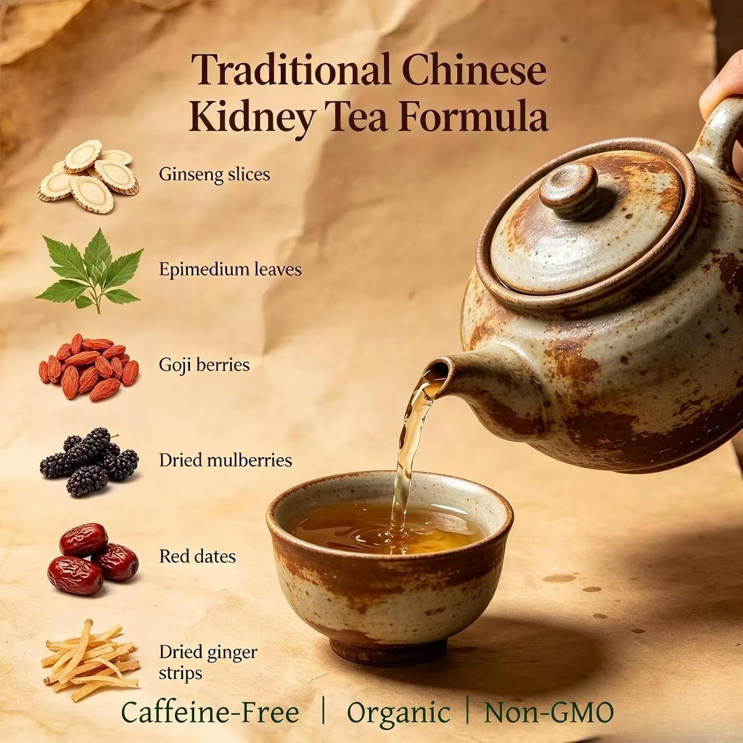 Eastrue Ginseng Five Treasure Kidney Tea with Horny Goat Weed,Goji Berry,Mulberry,Ginger &amp; Jujube Dates-Traditional Chinese Herbal Kidney Tea Formula for Men &amp; Women,Caffeine Free,Non-GMO, 20Bags/300g