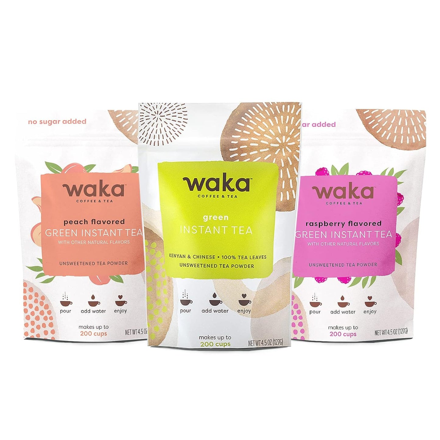 Waka Instant Tea Mix, 3 Bag Bundle - 100% Tea Leaves, No Additives, Unsweetened Tea Powders - Classic, Raspberry Flavored, Peach Flavored Green (4.5oz Each)