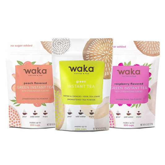 Waka Instant Tea Mix, 3 Bag Bundle - 100% Tea Leaves, No Additives, Unsweetened Tea Powders - Classic, Raspberry Flavored, Peach Flavored Green (4.5oz Each)