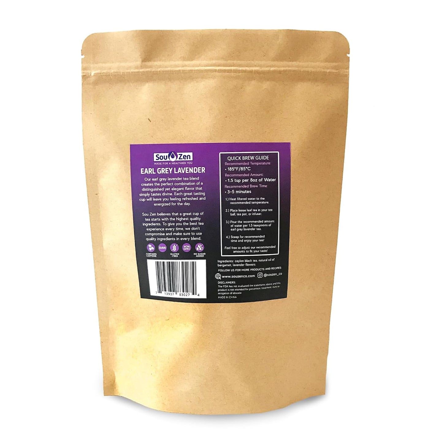 Sou Zen Earl Grey Lavender Loose Leaf Tea Blend 4oz | Ceylon Black Tea with Bergamot Oil and Lavender Flowers | Aromatic Black Tea Blend | Resealable Pouch for Tea Infusers, Tea Balls and Teapots