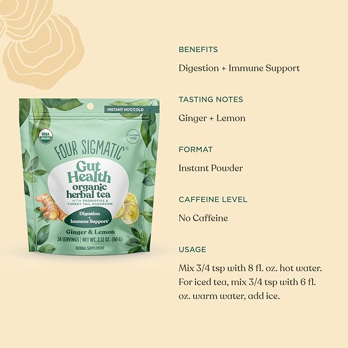 Four Sigmatic Gut Health Organic Herbal Tea | Organic Lemon Ginger Tea with Probiotics & Turkey Tail Mushroom | Instant Digestive Tea | Vegan, Gluten-Free | Lemon Ginger, 24 Servings