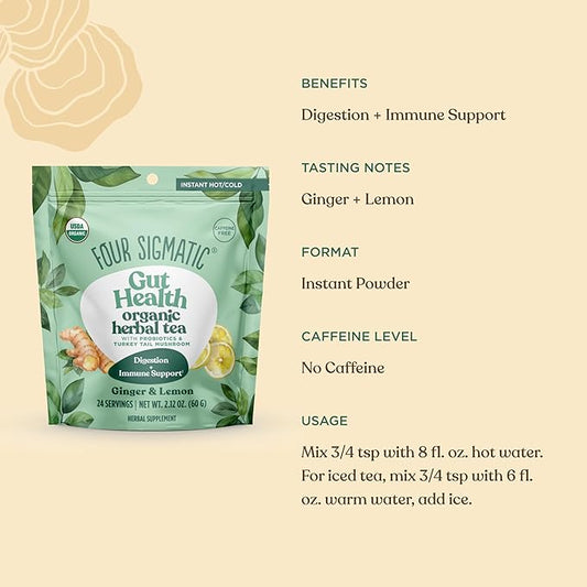 Four Sigmatic Gut Health Organic Herbal Tea | Organic Lemon Ginger Tea with Probiotics & Turkey Tail Mushroom | Instant Digestive Tea | Vegan, Gluten-Free | Lemon Ginger, 24 Servings