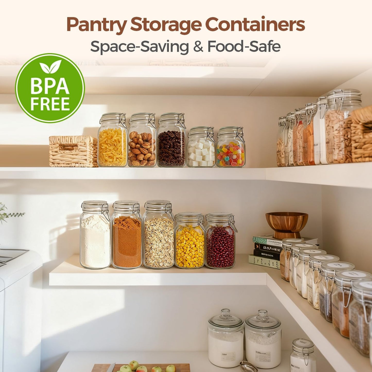 ComSaf Glass Storage Jars 34 oz 3 Pack for Flour Sugar, Coffee Canister | Airtight clamp lids, 3.3-inch wide mouth, four labels, Square clear canisters, tea, herbs, pickles and pantry organization