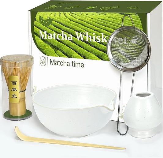 Matcha Whisk Set with Matcha Bowl, Matcha Whisk Holder Matcha Bamboo Whisk, Scoop, Sifter
