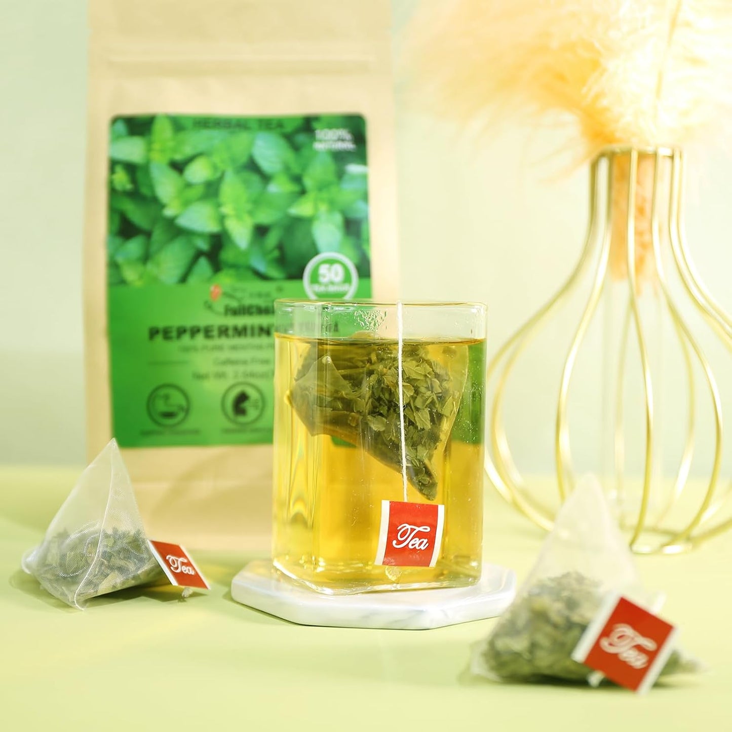 FullChea Peppermint Tea Bags, 50 Counts, Te De Menta, Non-GMO | Pure Menta Piperita, Refreshing &amp; Minty, Caffeine-Free, Freshen Breath &amp; Aid Digestion, No Additives, Resealable Pouch