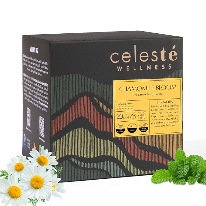 Celeste Chamomile Bloom, Lavender Chamomile Tea with Mint | 20 Pyramid Herbal Tea Bags | 100% Natural Ingredients