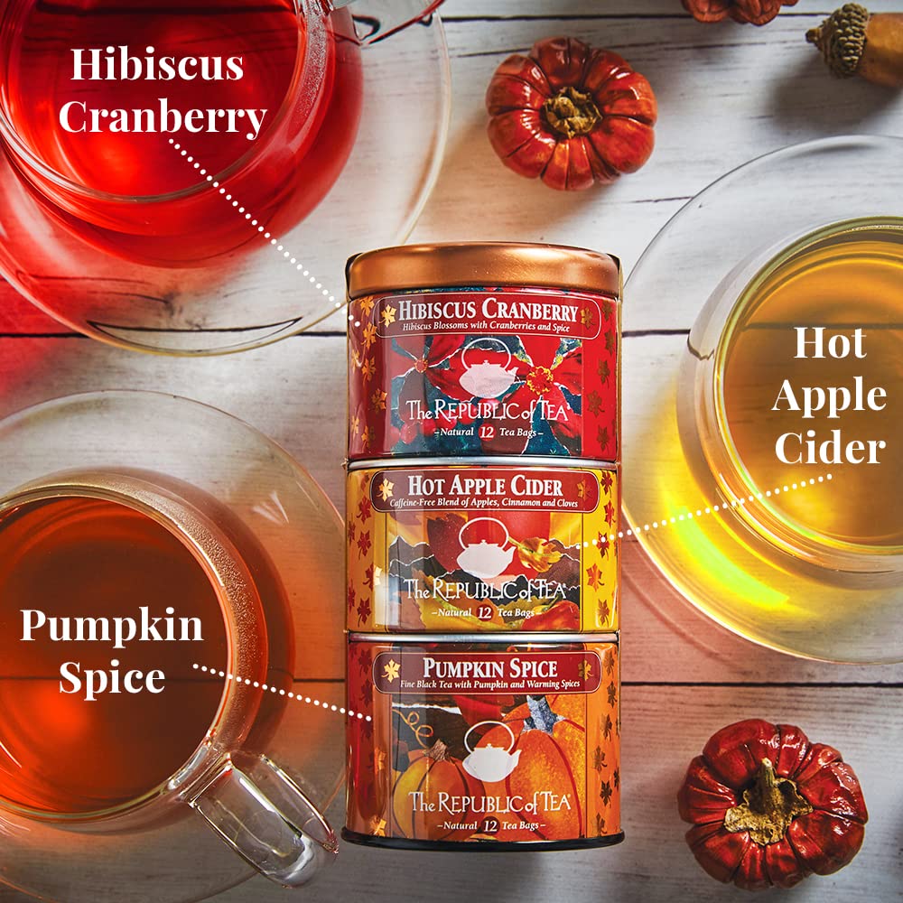 The Republic of Tea Harvest Stackable Tea Sampler, 36 Count | Three fall teas: Hibiscus Cranberry, Hot Apple Cider and Pumpkin Spice. 12 tea bags of each variety.