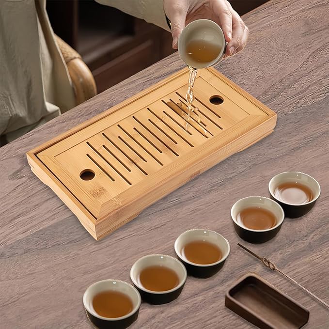 Joyzan Chinese Tea Tray, Mini Bamboo Small Gongfu Tea Table Set Japanese Serving Kung Fu Plate Drainage Reservoir Drawer Type Water Storage Box Chassis Wooden Home Office Household Teahouse Bar