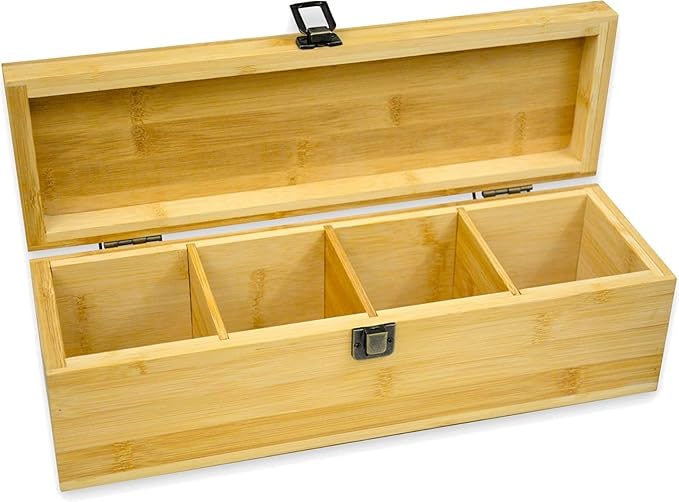Tea Organizer Box Food Safe Bamboo Wood Chemical Free Big, Tall, Adjustable Cubbies Natural Storage Chest (4-Slot Across 14.3" x 4.4" x 4.2" with Tea