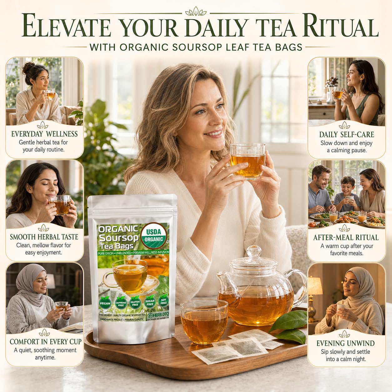 HERB DTQ USDA 100% Organic Soursop Graviola Leaf Tea Bags, Non-GMO, 90 Ct