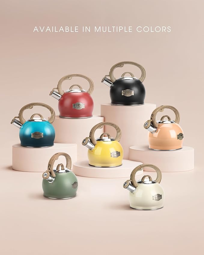Tea Kettle Stovetop, 2.1 Quart Stove Top Whistling Tea Kettle, Teapot Kettles with Food Grade Stainless Steel and Wood Pattern Folding Handle