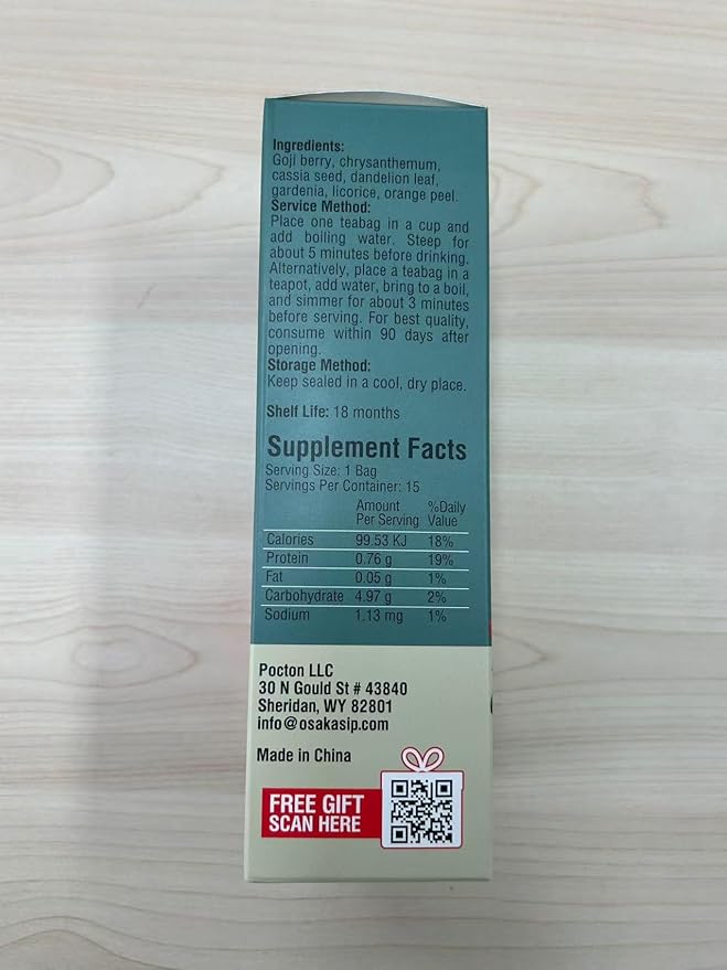 OsakaSip Goji Berry Chrysanthemum Tea Bags - Natural Liver Detox Cleanse Kidney Health - Excellent Chinese Herbal Raw Formula Cassia Seed Dandelion Leaf Gardenia Licorice Orange Peel (150g 15 Bags)