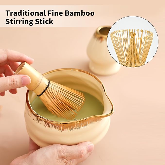 7-Piece Matcha Whisk Set – Yellow Spouted Ceramic Bowl with Golden Texture + Bamboo Whisk, Ceremonial Matcha Kit for Breakfast/Latte