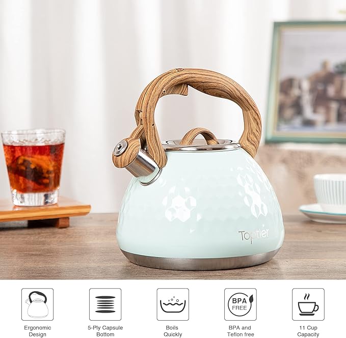 Tea Kettle, Toptier Teapot Whistling Kettle with Wood Pattern Handle Loud Whistle