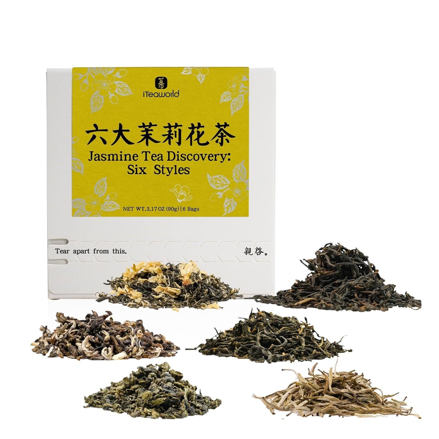 iTeaworld 6 Different Jasmine Tea Sampler, Jasmine Loose Leaf Tea(Including Jasmine Green Tea, Jasmine Oolong Tea, Jasmine LiuBao Tea ect.), No Sugar and Additive, Nice Tea Bags Variety Pack Gift Set(3.17oz)
