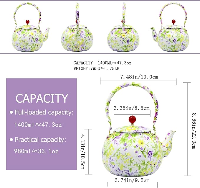 True Pure Copper Tea Kettle For Stovetop Safe, 47.3oz Non-Coating Copper Teapot with Tea Ball For Loose Leaf, Elegant Flower Pattern Kettle