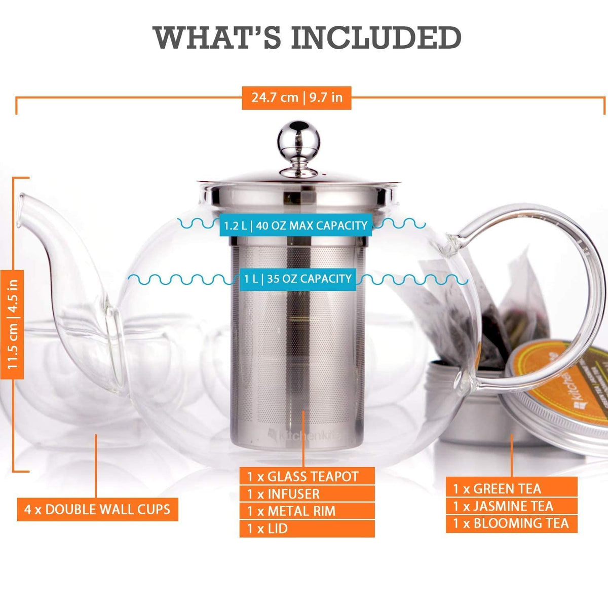 Kitchen Kite Glass Teapot Set with 4 Double Wall Tea Cups & Removable Stainless Steel Infuser, 35oz/1000ml Borosilicate Tea