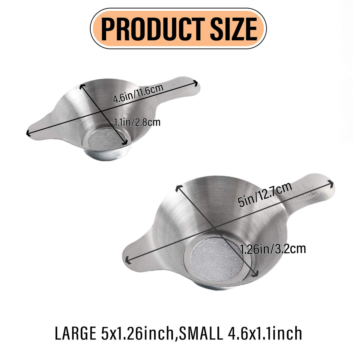 AUEAR, 2 Pack Different Size Stainless Steel Mini Strainer Fine Mesh Tea Funnel Coffee Filter with Double Handles