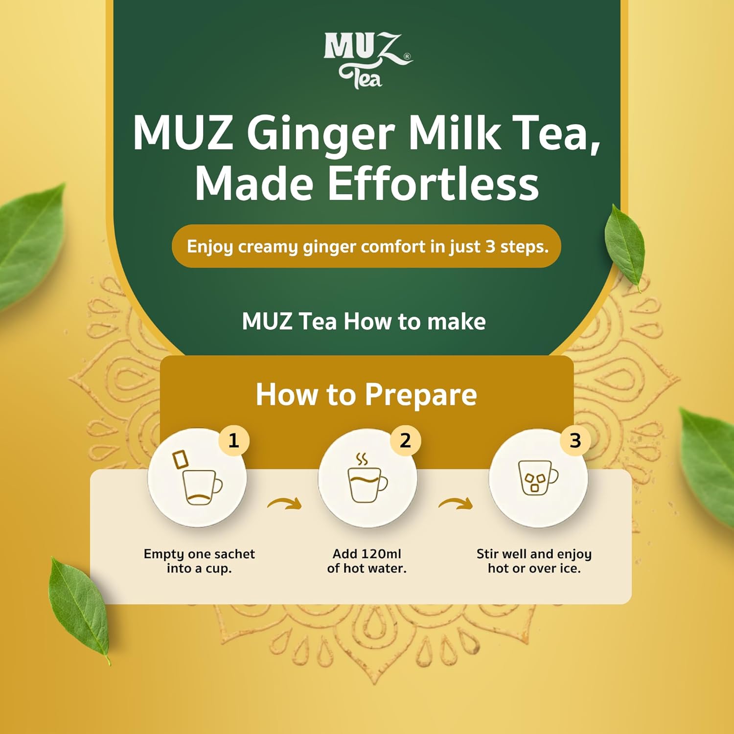 MUZ Tea Premium Instant Ginger Tea with Real Milk, Coconut Blossom Sugar & Ginger Powder, Low GI, No Creamers, 75 Calories, Thai Milk Tea Powder Mix – 12 Sachets, Just Add Water