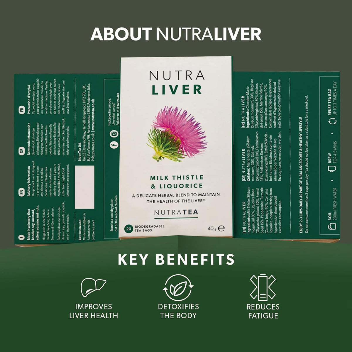 NUTRALIVER Liver Detox Tea - Cleanse &amp; Support with Milk Thistle, Turmeric &amp; Fennel - 60 Enveloped Tea Bags - Herbal Tea - 3 Pack by Nutra Tea