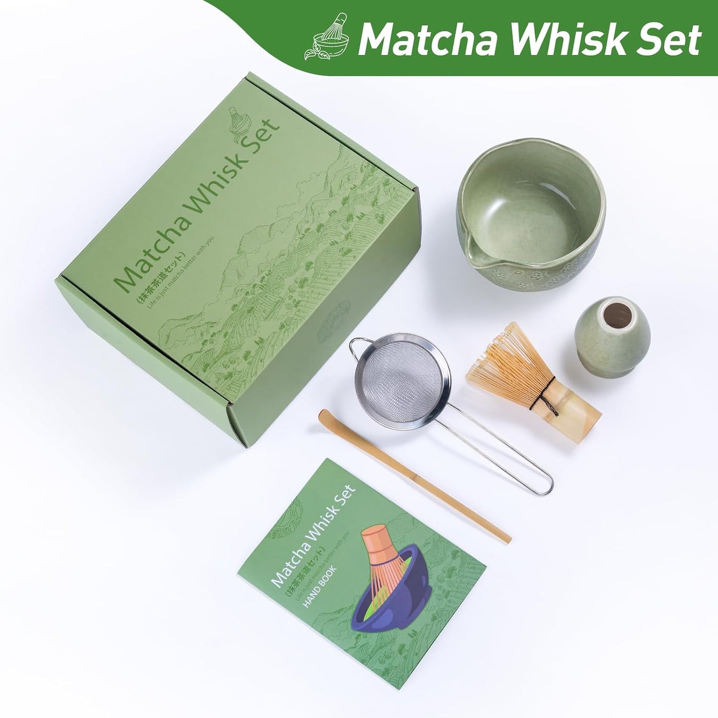 HOTTOR Matcha Whisk Set, 5-Piece Matcha Kit with 18 oz Ceramic Bowl | 18 oz spouted ceramic bowl, bamboo whisk, holder, scoop and stainless steel sifter for traditional matcha and creamy lattes