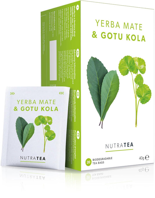 Nutra Tea - Yerba Mate &amp; Gotu Kola - Yerba Mate Tea, Focus Tea - With Centella Asiatica - Caffeine Alternative Without the Jitters - 20 Individually Wrapped Bags - Herbal Infusion (1 Pack)