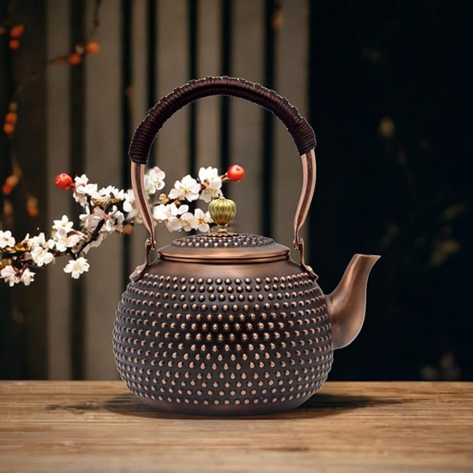 YJX 47.3oz Elegant Japanese Style Copper Tea Kettle For Stovetop Safe, Non-Coating Pure Copper Teapot with Stainless Steel Tea Ball For Loose Tea