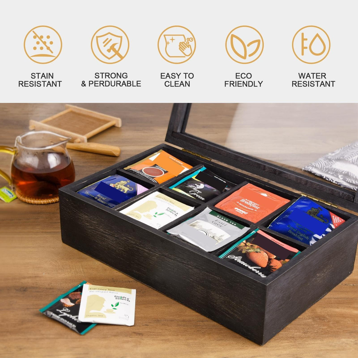Alsonerbay Wooden Tea Box with Lid & 8-Compartment, Weathered Black