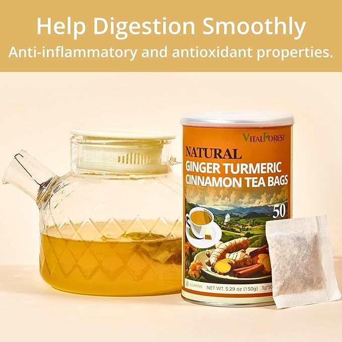 50 Premium Turmeric Ginger Cinnamon Tea Bags, Vitalforest Natural Ginger Tea Bags, Pure Turmeric Tea, Herbal Cinnamon Tea, Supports Digestion